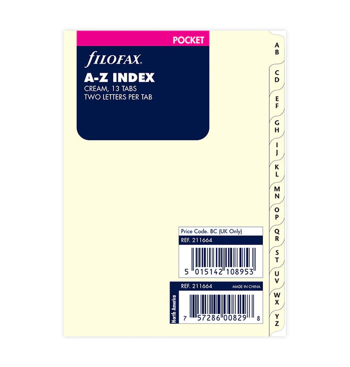 Filofax A-Z index cream 2 letters per tab