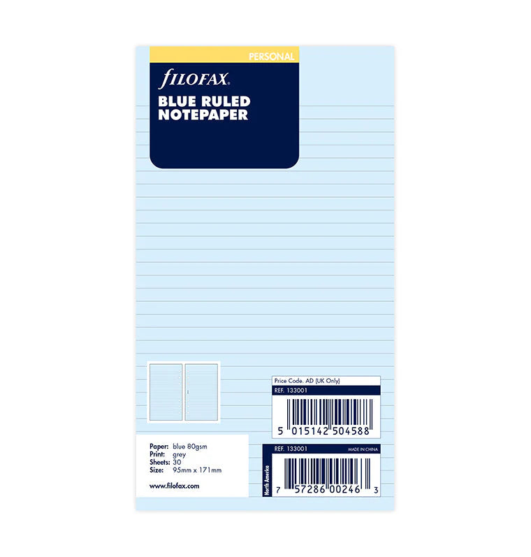 Filofax Blue Ruled Notepaper Pocket Refill