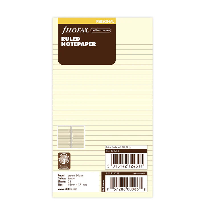 Filofax Cotton Cream Ruled Notepaper Refill