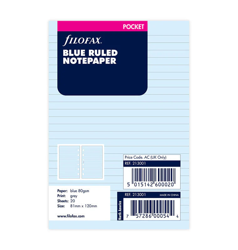 Filofax Blue Ruled Notepaper Pocket Refill