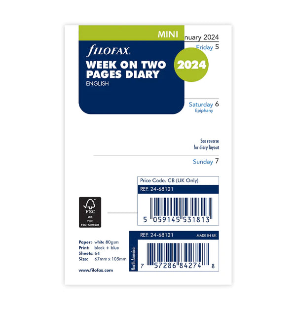 Filofax Week On Two Pages Diary Refill - Mini 2024 English
