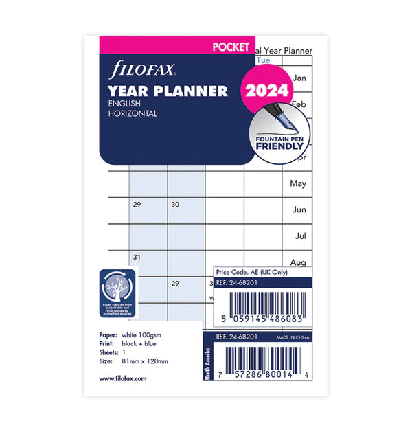 Filofax Horizontal Year Planner Refill - Pocket 2024 English