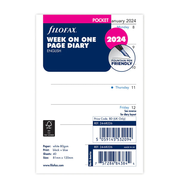 Filofax Week On One Page Diary Refill - Pocket 2024 English