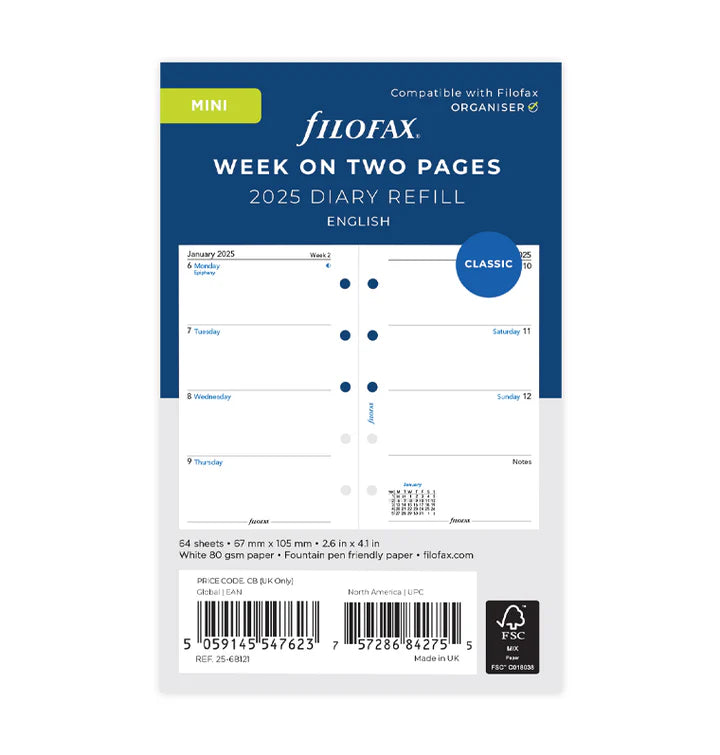 Filofax Week On Two Pages Diary Refill - Mini 2025 English