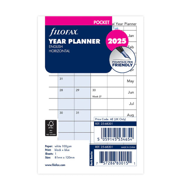 Filofax Horizontal Year Planner Refill - Pocket 2025 English