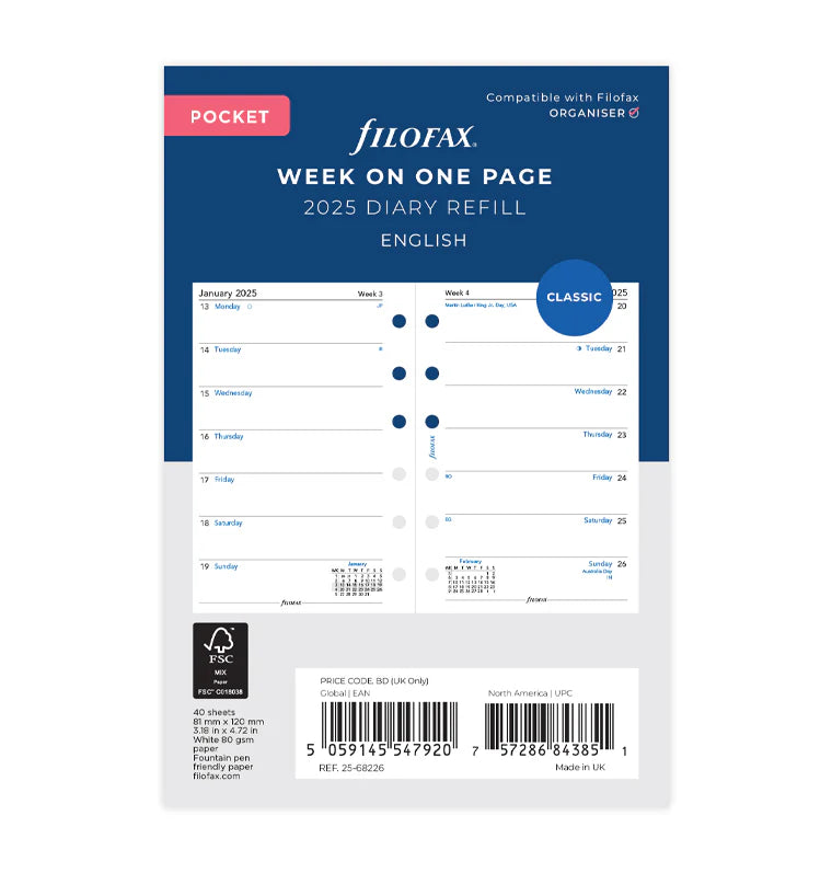 Filofax Week On One Page Diary Refill Pocket 2025 English