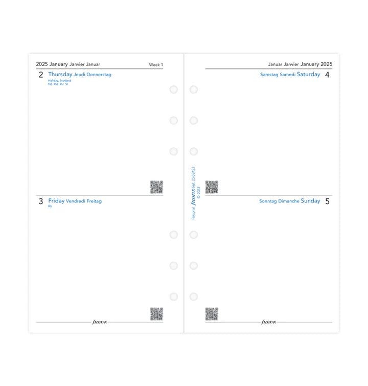 Filofax Two Days On One Page Diary Refill - Personal 2025 Multilanguage