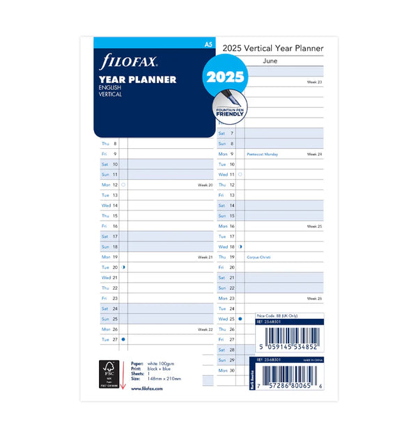 Filofax Vertical Year Planner Refill - A5 2025 English