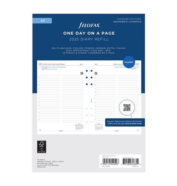 Filofax One Day On A Page Diary With Appts - A5 2025 Multilanguage