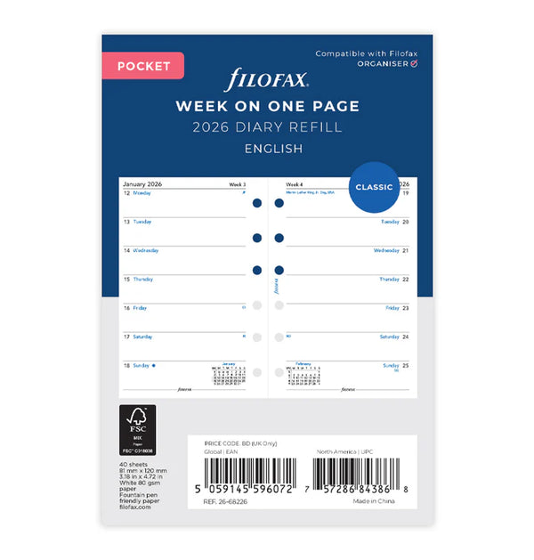 Filofax Week On One Page Diary Refill - Pocket 2026 English