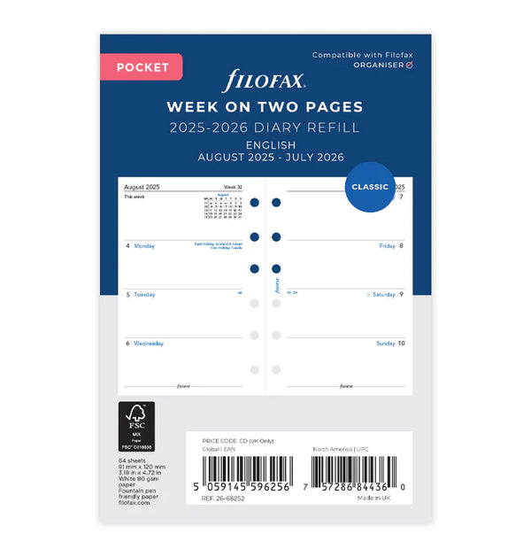 Filofax Week On Two Pages Academic Diary Refill - Pocket 2025-26 English