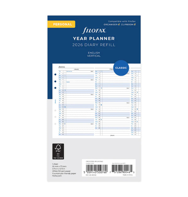 Filofax Vertical Year Planner Refill - Personal 2026 English