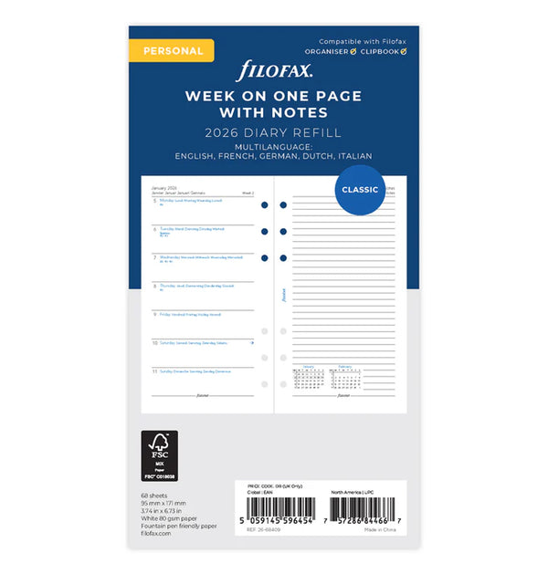 Filofax Week On One Page Diary With Notes Refill - Personal 2026 Multilanguage