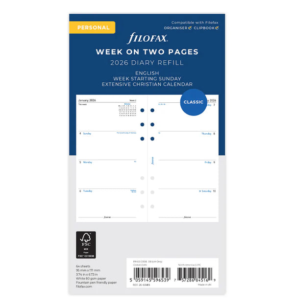 Filofax Week On Two Pages Sunday Start Diary - Personal 2026 English