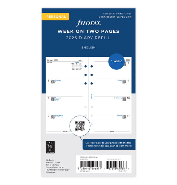 Filofax Week On Two Pages Diary Refill - Personal 2026 English