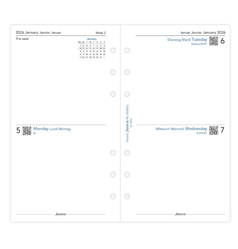 Filofax Two Days On One Page Diary Refill - Personal 2026 Multilanguage