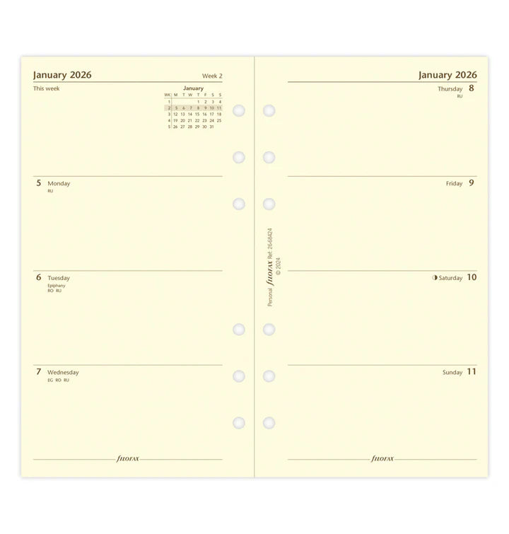 Filofax Week On Two Pages Cotton Cream Diary Refill - Personal 2026 English