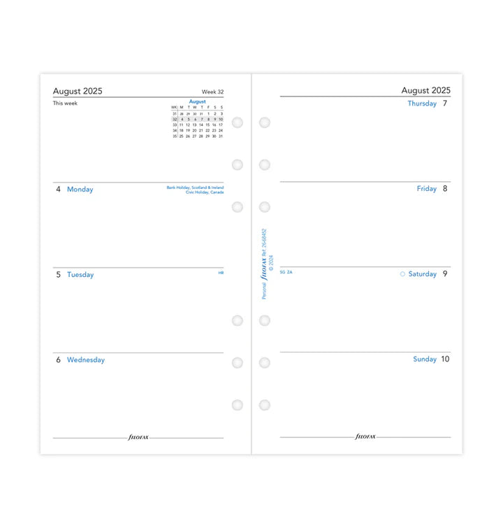 Filofax Week On Two Pages Academic Diary Refill - Personal 2025-26 English