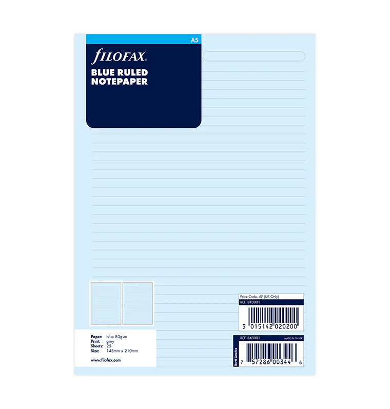 Filofax Blue Ruled Notepaper Pocket Refill