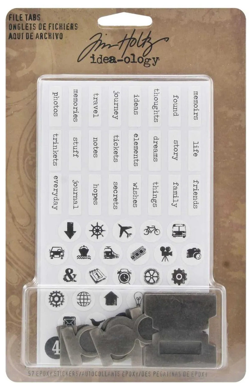 Tim Holtz idea-ology File Tabs (16 Tabs, 57 Epoxy Stickers)