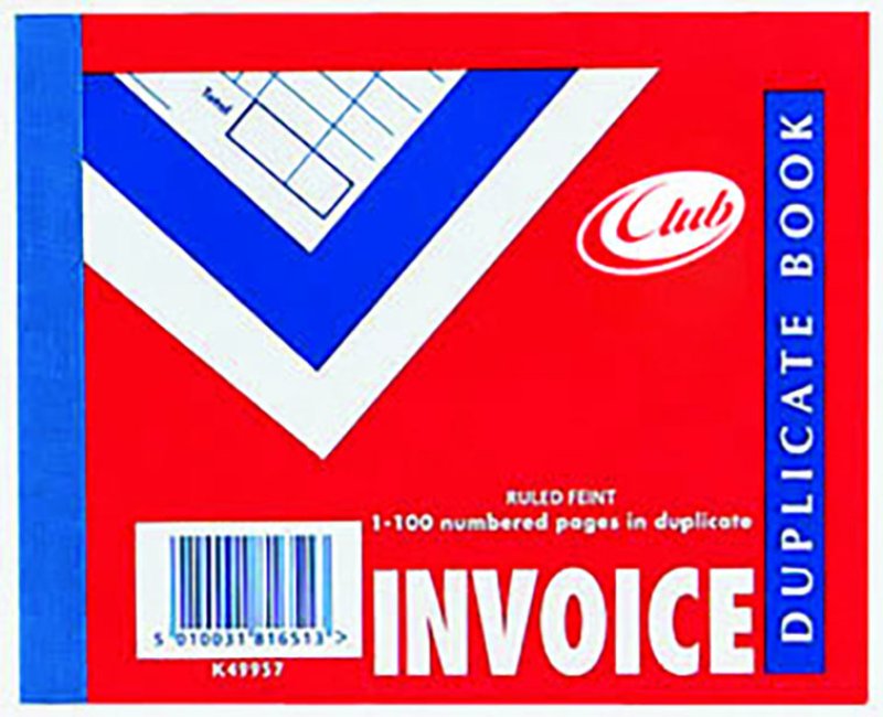 Club Duplicate Invoice Book Ruled Feint 1-100 Numbered Pages 4x5/106x125mm