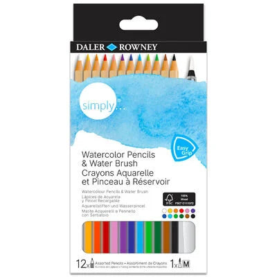 Daler-Rowney Simply Watercolour Pencil & Water Brush Set (12 Pencils & 1 Water Brush)