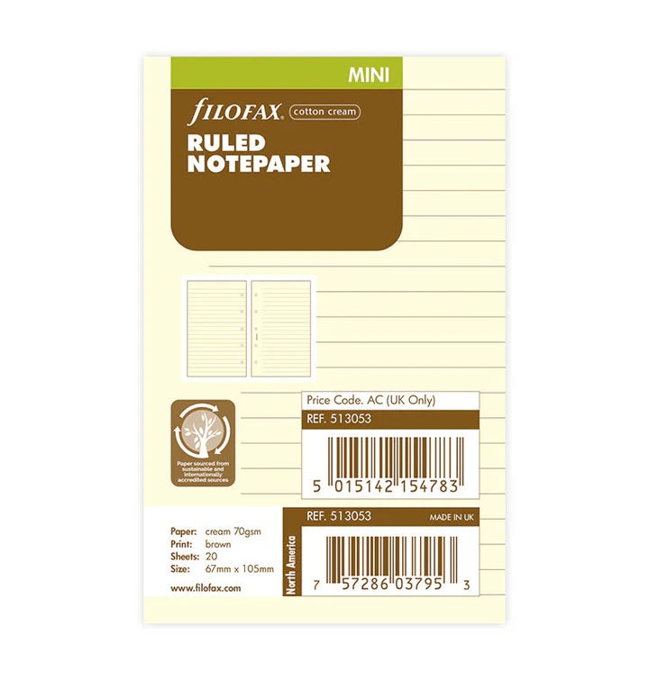 Filofax Cotton Cream Ruled Notepaper Refill