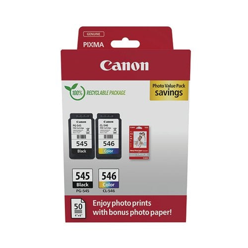 Canon PG-545/CL-546 Inkjet Cartridge + Glossy Photo Paper Value Pack Black/Colour 8287B008