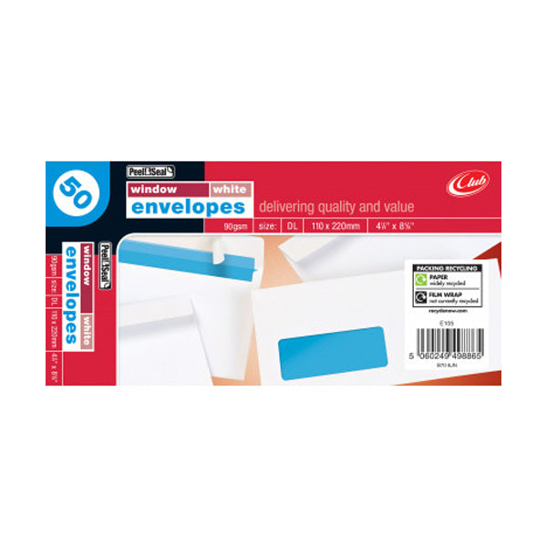 Club DL White Peel & Seal Window Envelopes (Pack of 50)