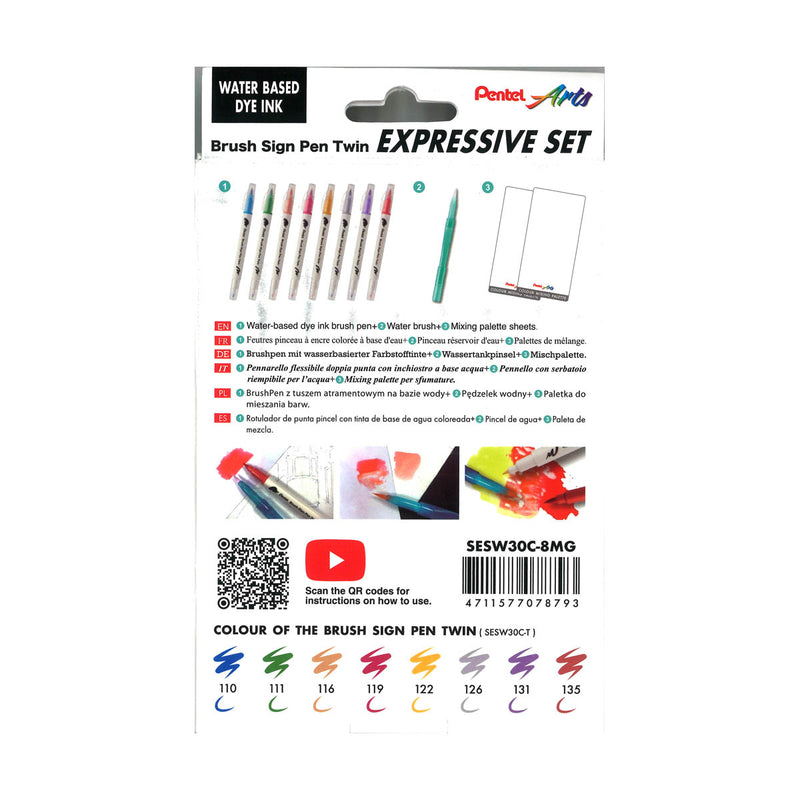 Pentel Arts Brush Sign Pen Twin SESW30C Manga Expressive Set (Set of 8)