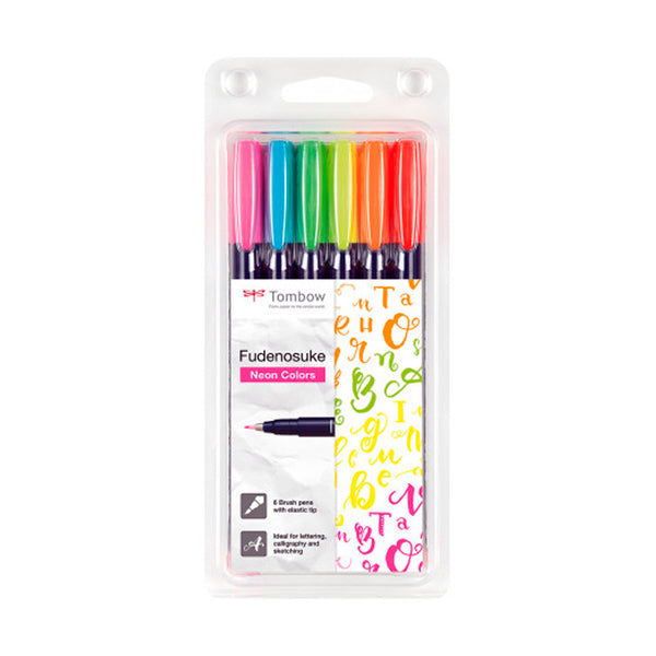 Tombow Fudenosuke Neon Colours Hard Tip Brush Pens (Pack of 6)