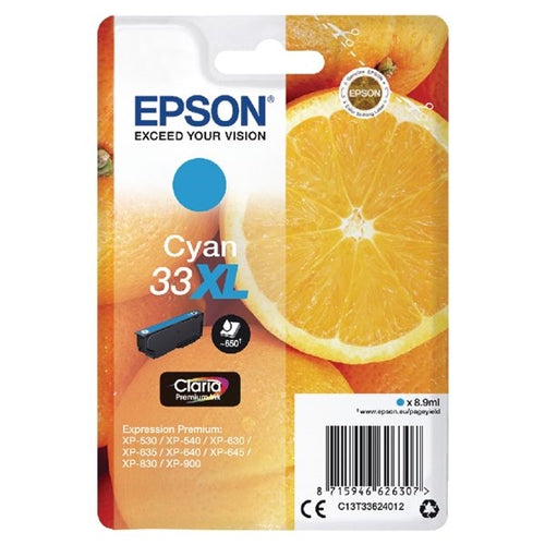 Epson 33XL Ink Cartridge Claria Premium High Yield Oranges Cyan C13T33624012