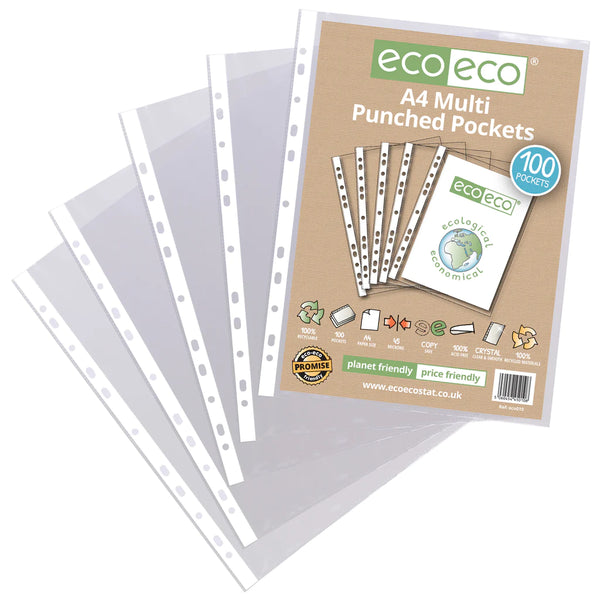 Eco-Eco A4 100% Recycled Multi Punched Pockets (Pack of 100)