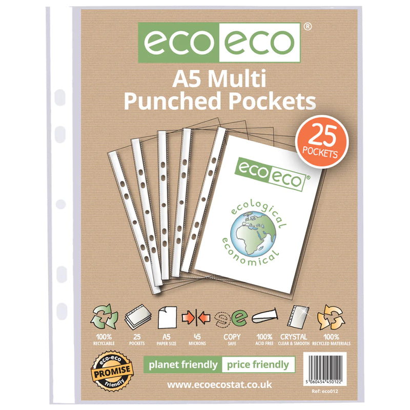 Eco-Eco A5 100% Recycled Multi Punched Pockets (Pack of 25)