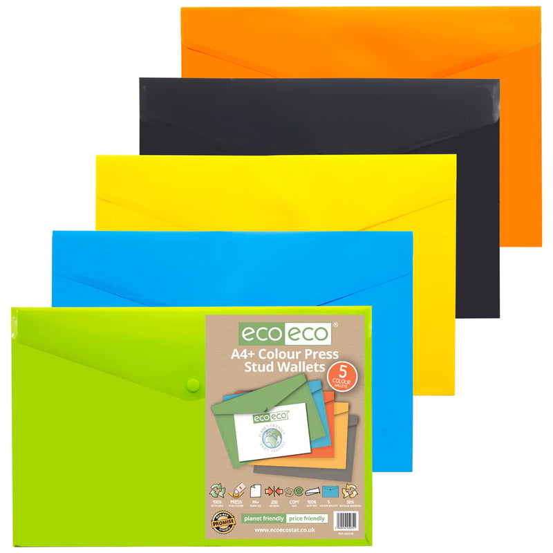 Eco-Eco A4+ 50% Recycled Colour Press Stud Wallets (Pack of 5)