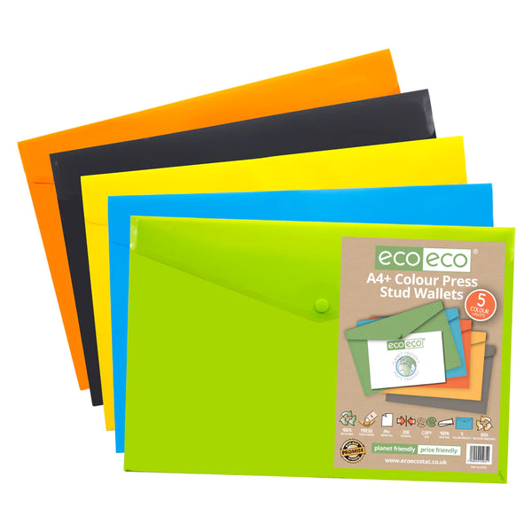 Eco-Eco A4+ 50% Recycled Colour Press Stud Wallets (Pack of 5)