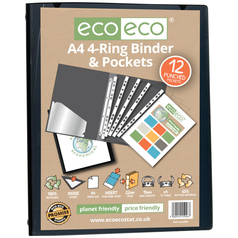 Eco-Eco A4 65% Recycled Presentation Ring Binder with 12 Punched Pockets