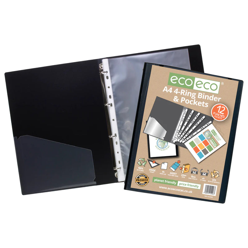 Eco-Eco A4 65% Recycled Presentation Ring Binder with 12 Punched Pockets