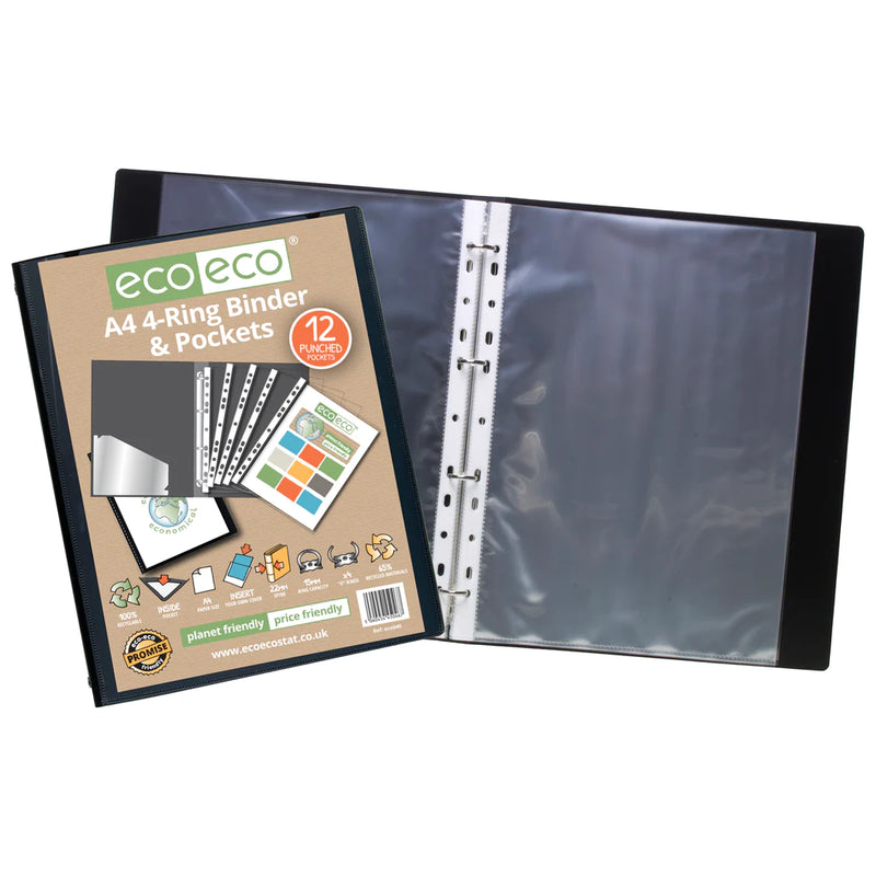 Eco-Eco A4 65% Recycled Presentation Ring Binder with 12 Punched Pockets