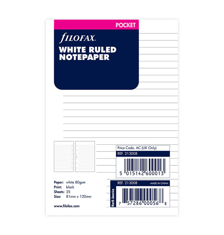 Filofax White Ruled Notepaper Refills