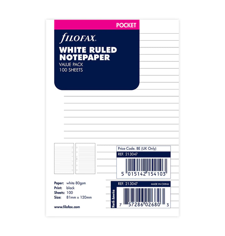 Filofax White ruled notepaper value pack