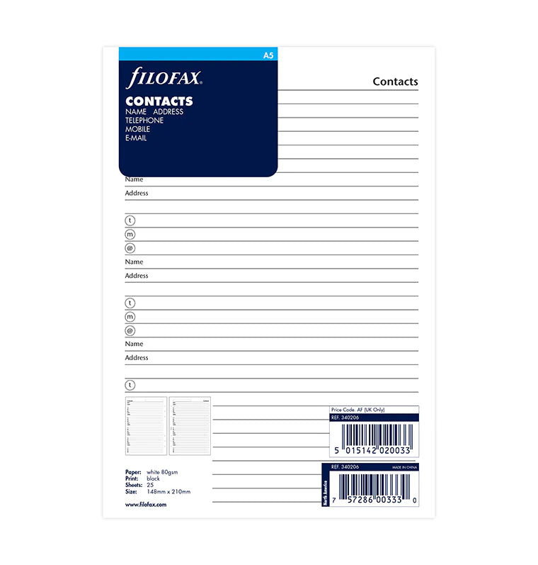 Filofax Name, address, email, telephone, fax, mobile