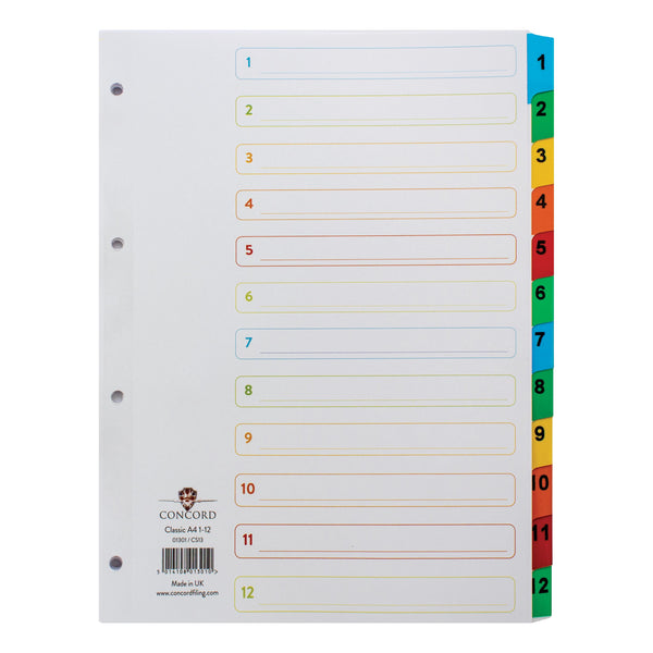 Concord Index 1-12 Mylar-reinforced Multicolour-Tabs A4