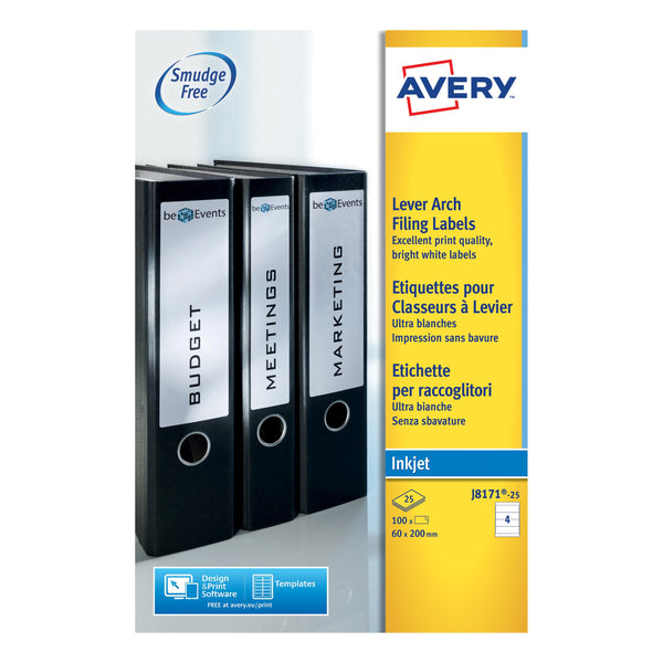 Avery Filing Labels Inkjet Lever Arch J8171-25 (100 Labels)