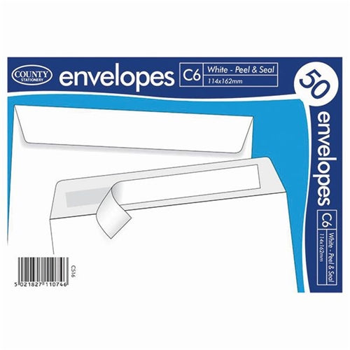 County Stationery C6 Peel and Seal White Envelopes (PK 50)
