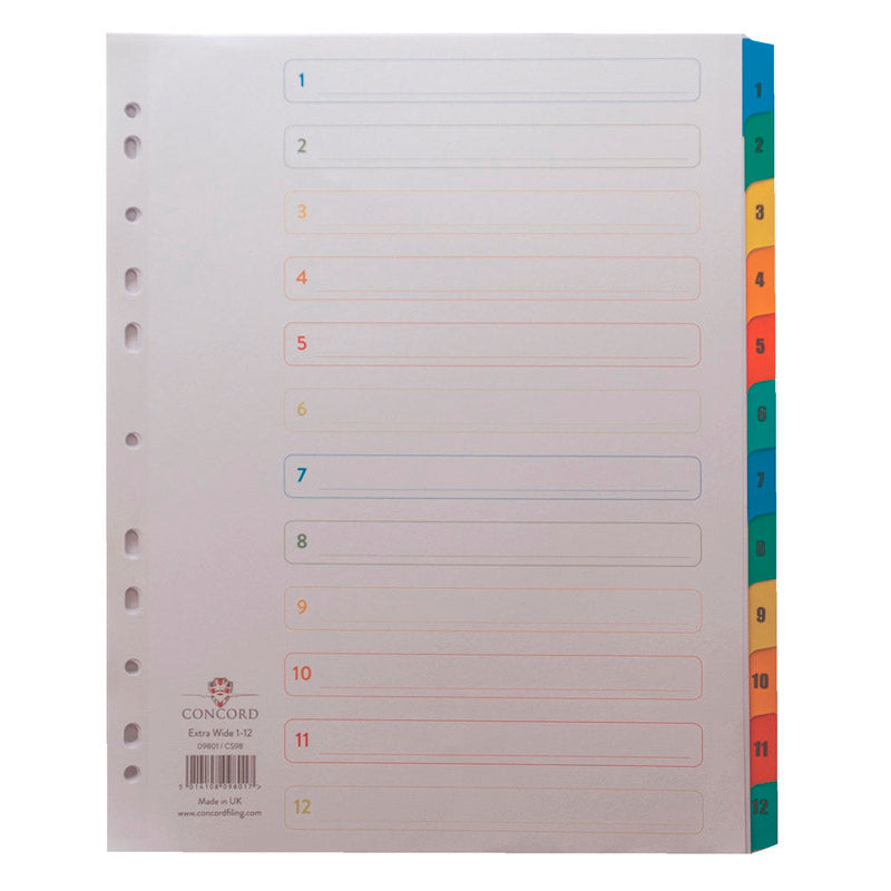 Concord Index 1-12 A4 Extra Wide Multicoloured Mylar Tabs