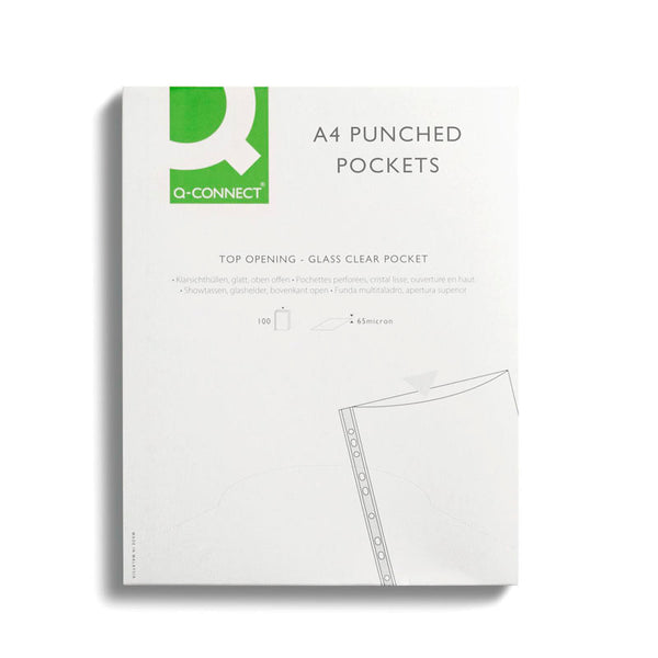 Q-Connect Punched Pocket Green Strip A4 Clear (Pack of 100)