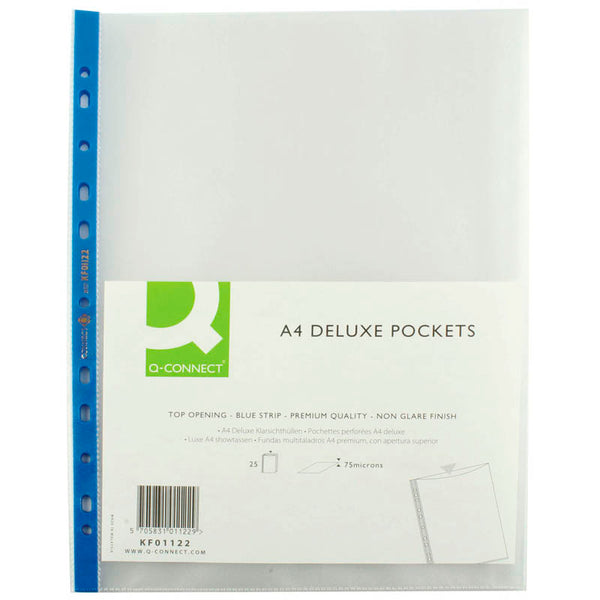 Q-Connect Deluxe Punched Pocket Blue Strip A4 Clear (Pack of 25)